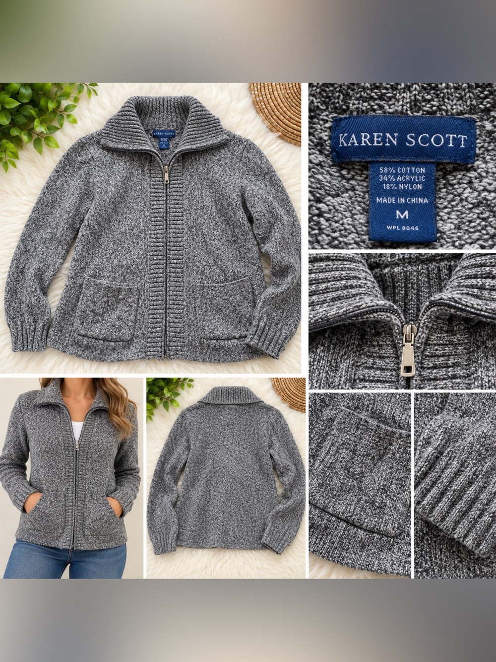 Karen Scott Gray Marled Zip-Up Women’s Sweater